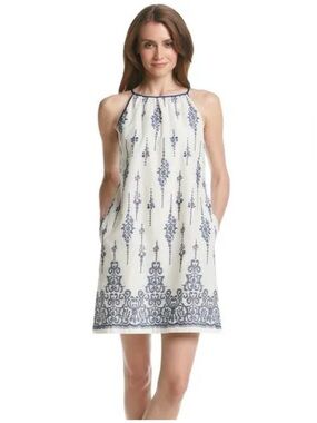 Just...Taylor White Dress with Navy Trim and Embroidery 6